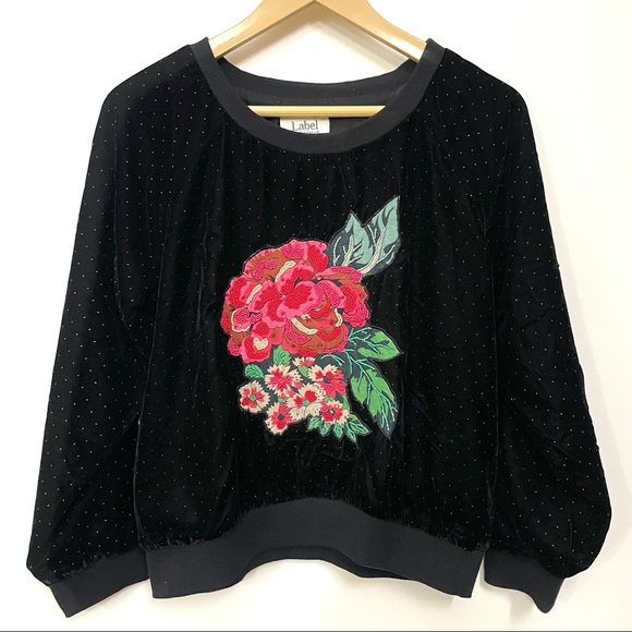Label Ritukumar Sweaters - Ritu Kumar rose appliqué stone beaded velvet sweatshirt